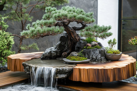 Serene bonsai tree gracing a miniature Japanese garden with a cascading waterfall, creating a tranquil oasisの素材