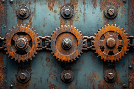 Rusty gears rotating and connected by a chain on a grunge metal surface, creating a steampunk and industrial backgroundの素材