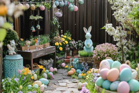 Charming easter garden scene featuring a blue bunny statue, pastel-colored eggs, and spring flowers creates a festive holiday atmosphereの素材