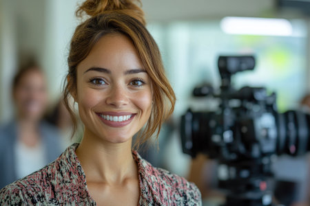 Young female reporter smiles while preparing for a video interview inside an office buildingの素材