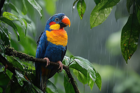 Colorful coconut lorikeet perched on a branch in the rain, showcasing the beauty of tropical wildlifeの素材