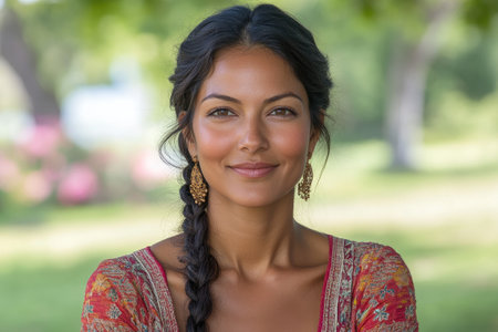 Portrait of a beautiful young Indian woman smiling outdoors, wearing a traditional red dress with gold earrings and long braided hairの素材