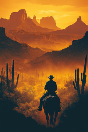 Cowboy riding away on horseback through the Arizona desert at sunsetの素材
