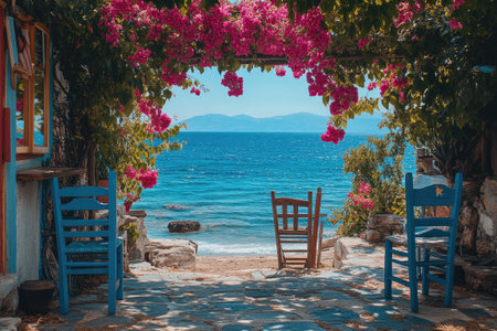 Pink bougainvillea flowers covering a seaside terrace with blue chairs overlooking the tranquil turquoise Aegean sea in Greeceの素材