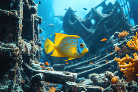 Colorful three-spot angelfish explores a coral reef growing on a shipwreckの素材