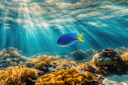 Sunbeams illuminate a colorful coral reef and a tropical fish swimming in the clear ocean waterの素材