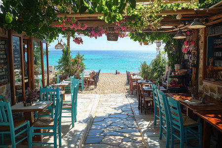 Pink bougainvillea flowers covering a seaside terrace with blue chairs overlooking the tranquil turquoise Aegean sea in Greeceの素材