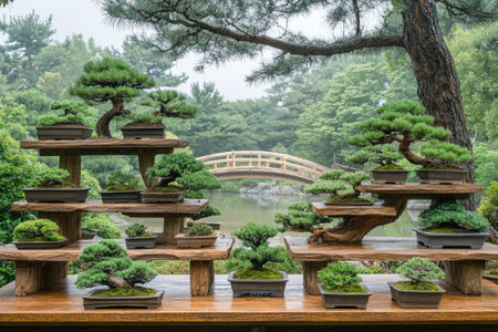 Many bonsai trees are displayed on wooden tables in a Japanese garden with a bridge and pond in the backgroundの素材