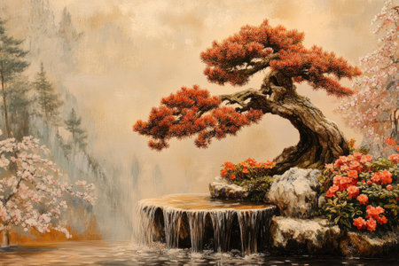 Painting showcasing a bonsai tree atop a small waterfall, surrounded by flowers and a misty forest background, creating a tranquil atmosphereの素材