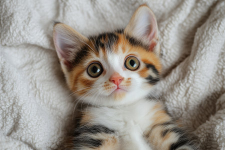 Cute calico kitten lying on a soft blanket, looking with wide eyesの素材