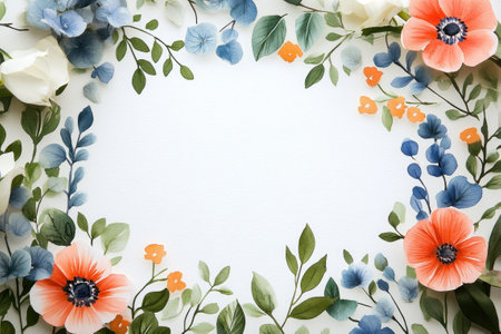 Watercolor flowers and leaves creating a frame on a white background with copy spaceの素材
