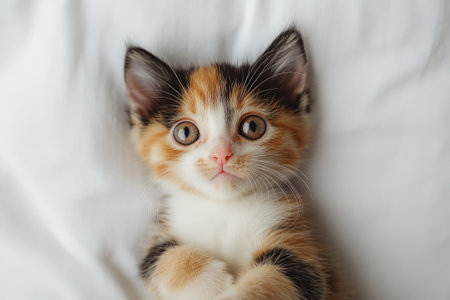 Cute calico kitten lying on a soft blanket, looking with wide eyesの素材