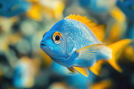 Close-up of a vibrant blue and yellow tropical fish swimming in a blurred coral reef environmentの素材