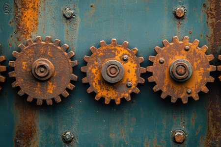 Close-up of rusty gears meshing together on a weathered metal surface, creating an industrial backgroundの素材