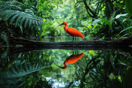 Vibrant scarlet ibis perched on a branch above a tranquil river, surrounded by lush rainforest vegetationの素材