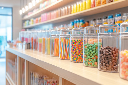 Jars filled with colorful candy and sweets create a vibrant and tempting display in a candy store, offering a wide selection for customersの素材