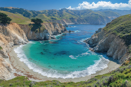 Waves crashing on idyllic mcway cove beach with turquoise waters and rugged cliffs on a sunny dayの素材