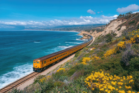 Scenic view of a vintage passenger train running along the Pacific coast in southern Californiaの素材