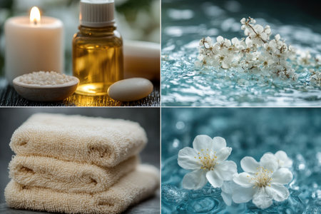 Wellness and spa collage with essential oil, bath salt, candle, towels and cherry blossoms floating on water, creating a relaxing atmosphereの素材