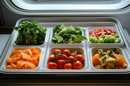 Colorful, fresh vegetables are presented in individual white bowls, promoting a healthy and appealing meal optionの素材