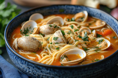 Bowl of delicious clam soup with linguine and fresh parsley, perfect for a comforting and flavorful mealの素材