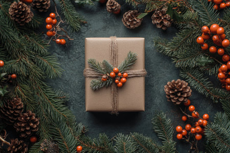 Christmas present wrapped in brown paper, decorated with pine twigs and orange berries, surrounded by fir branches and pine cones on a dark green backgroundの素材