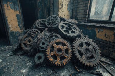Pile of rusty gears and cogwheels decaying in abandoned factory room after a fire incidentの素材