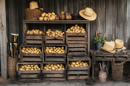 Freshly harvested potatoes are stored in wooden crates, showcasing the abundance of a farmer's harvest in a rustic barn settingの素材