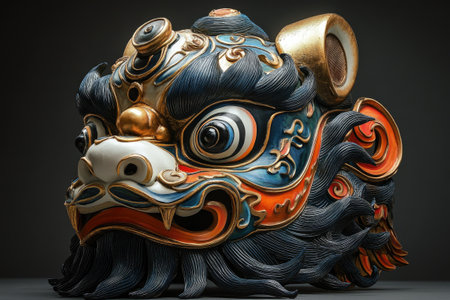 Traditional chinese lion dance mask, vibrantly painted and intricately designed, set against a dark backgroundの素材