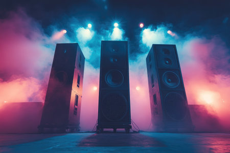 Three large audio speakers stand on a stage, bathed in blue and pink light and surrounded by fog, ready to deliver powerful soundの素材