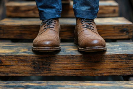 Brown leather shoes worn by a man standing on rustic wooden stepsの素材