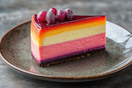 Slice of colorful layered cheesecake with sugared cranberries and berry sauce, served on a plateの素材