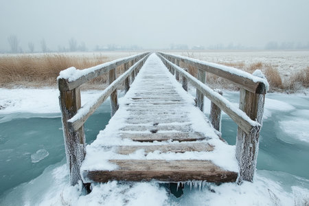 Wooden footbridge covered with fresh snow crossing a frozen river in a cold winter landscapeの素材