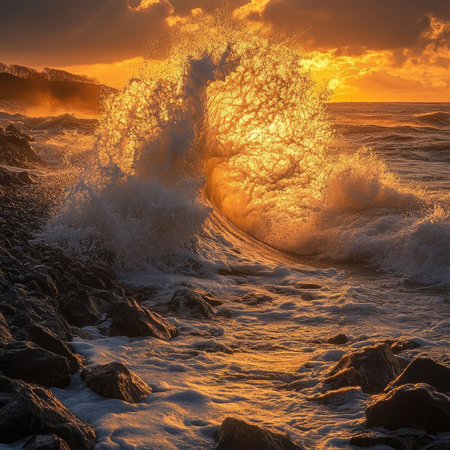 Powerful ocean wave breaking on a rocky coastline, illuminated by the golden light of sunrise, creating a dramatic and beautiful sceneの素材