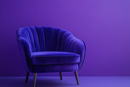 Stylish purple velvet armchair standing out against a matching purple wall and floor, creating a luxurious and elegant interior designの素材