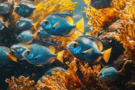 Powder blue tang fish swimming together in a beautiful coral reef, showcasing vibrant marine lifeの素材