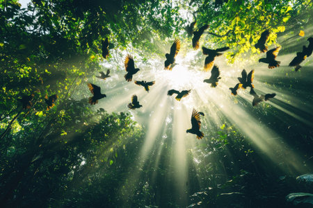 Birds flying in sunbeams over the canopy of a lush green forestの素材
