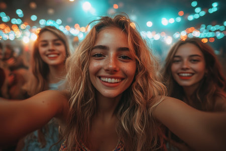 Group of female friends taking a selfie at a music festival, enjoying the concert atmosphereの素材