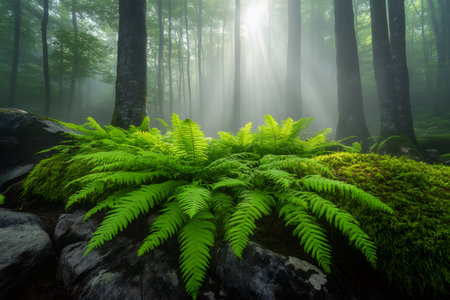 Bright sunbeams illuminate lush green ferns growing among mossy rocks in a misty forest, creating a magical atmosphereの素材