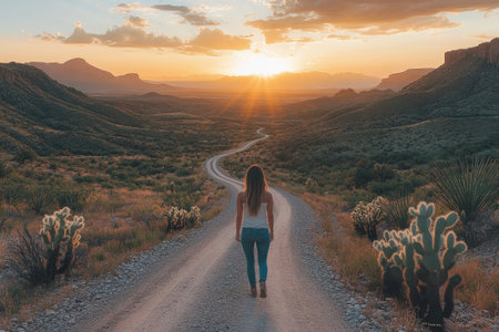 Woman walking down a long and winding dirt road at sunset in the desert mountains of Big Bend National Park, Texasの素材