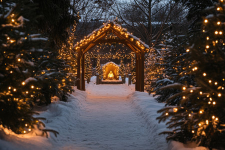 Christmas pathway leading to nativity scene, decorated with warm fairy lights in a snowy park, creating a magical and festive atmosphereの素材