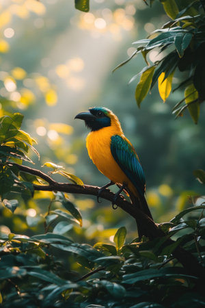 Vibrant saffron-crowned tanager perches serenely amidst the lush foliage of a tropical rainforest, bathed in the soft glow of sunlightの素材