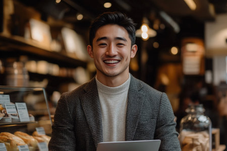 Young happy asian businessman is holding a tablet and smiling in his bakeryの素材