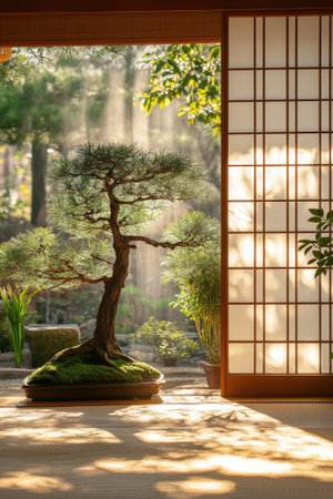 Serene bonsai tree basking in golden sunlight, adding a touch of tranquility to a traditional Japanese home with shoji doorsの素材