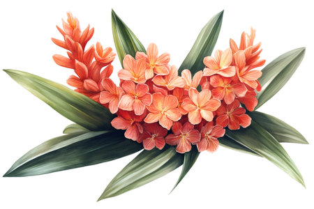Botanical illustration showcasing a cluster of orange tropical flowers nestled among long, green leaves, creating a vibrant and exotic compositionの素材