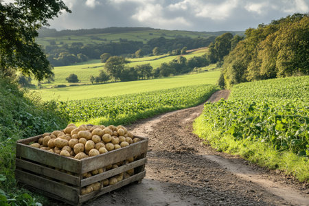 Wooden crate full of freshly harvested potatoes sits on a dirt road at sunset, ready for transportの素材
