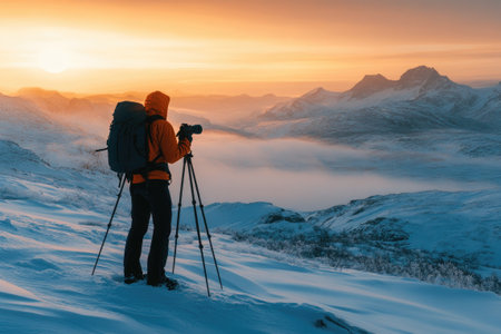 Photographer taking pictures of a beautiful winter landscape in the mountains at sunsetの素材