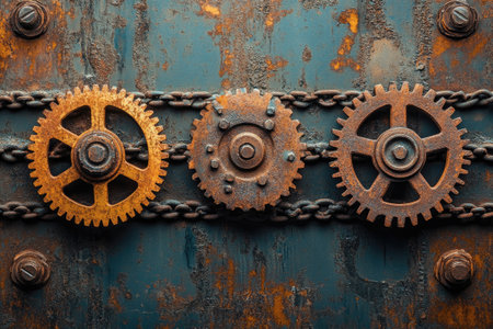 Interlocking gears and chains form an intricate steampunk design on a textured metal surfaceの素材