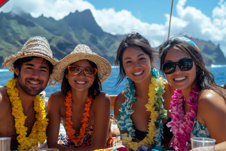 Group of friends wearing leis and enjoying a boat trip in Na Pali Coast State Wilderness Park, Kauai Island, Hawaiiの素材