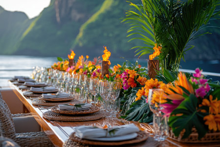 Elegant table setting on a yacht decorated with tropical flowers, tiki torches, and crystal glassware, creating a luxurious dining experienceの素材